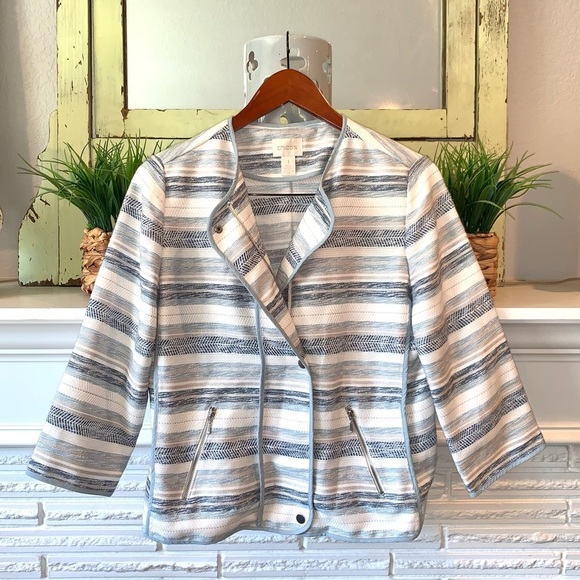 Chico’s Striped Blue Woven Lightweight Moto Style Jacket Size Medium - Picture 1 of 8